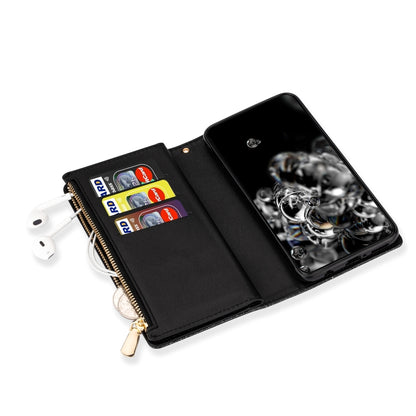 Glitter wallet phone case with flip cover, card slots, and gold zipper with keyring