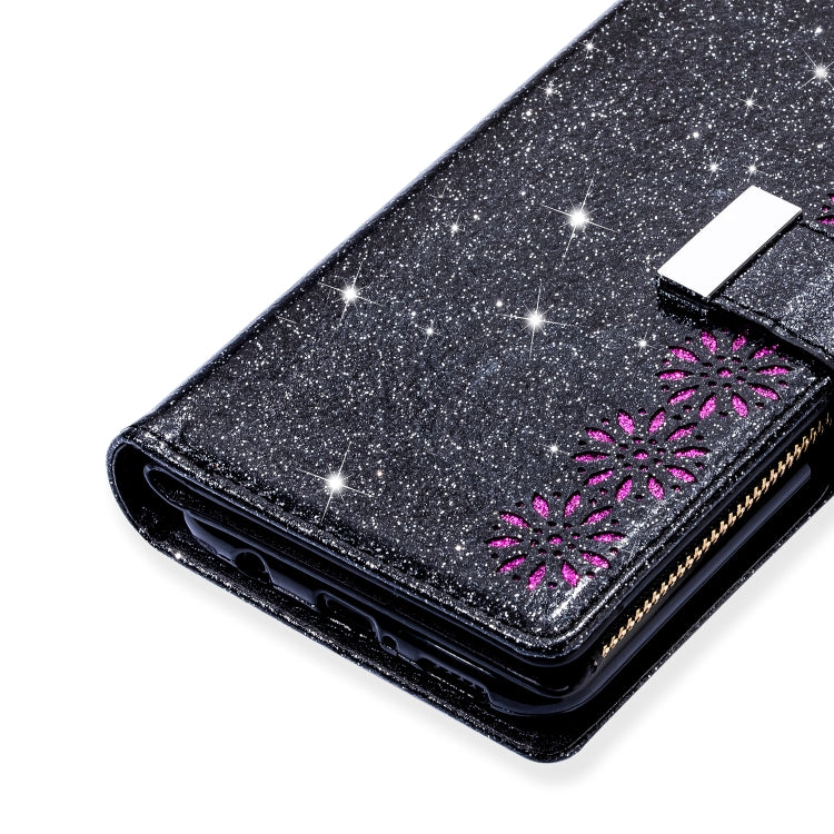 Close-up of glitter starry-sky flip phone case with magenta flower star trim