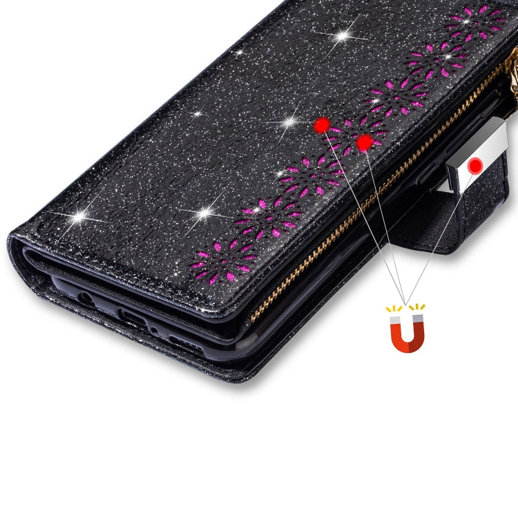 Glitter starry-sky flip phone case with magenta flower star border and gold zipper