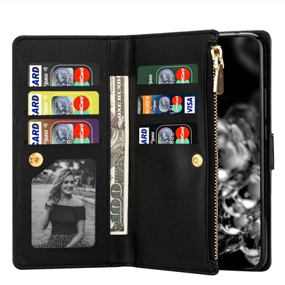 Wallet-style flip phone case with multiple card slots and zipper pocket