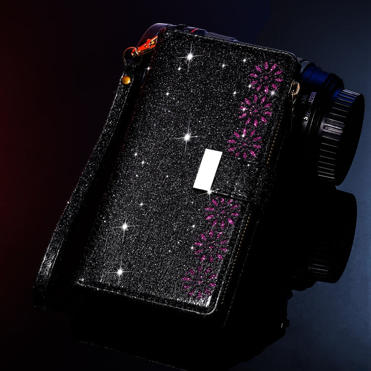 Glitter starry-sky wallet phone case with magenta star flower accents and strap attachment