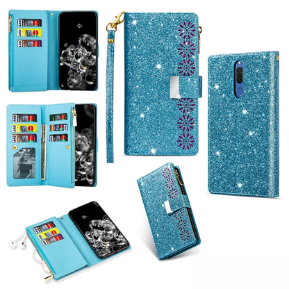Sky blue glitter zipper flip wallet phone case with card slots, starry pattern, lanyard