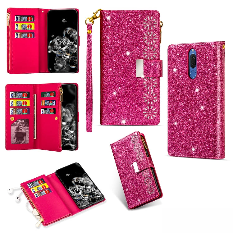 Rose red glitter zipper flip wallet phone case with card slots, starry pattern, lanyard