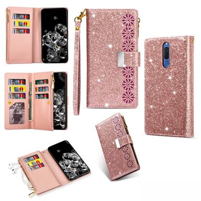 Rose gold glitter zipper flip wallet phone case with card slots, starry pattern, lanyard