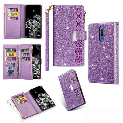 Purple glitter zipper flip wallet phone case with card slots, starry pattern, lanyard