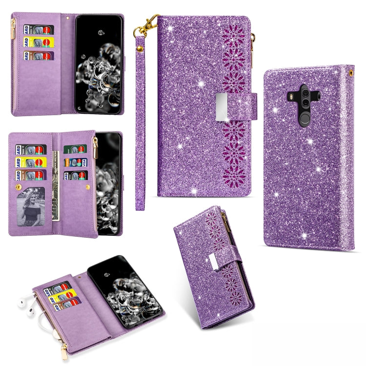 Purple glitter zipper flip wallet phone case with card slots, starry pattern, lanyard