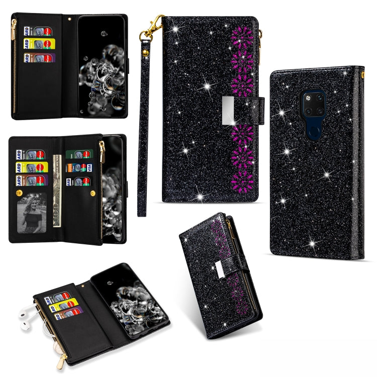 Glitter black leather flip wallet phone case with zipper, card slots, and lanyard strap