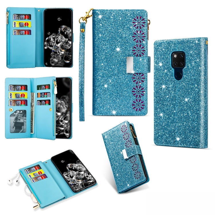 Glitter sky-blue leather flip wallet phone case with zipper, card slots, and lanyard strap