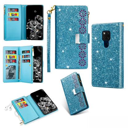 Glitter sky-blue leather flip wallet phone case with zipper, card slots, and lanyard strap
