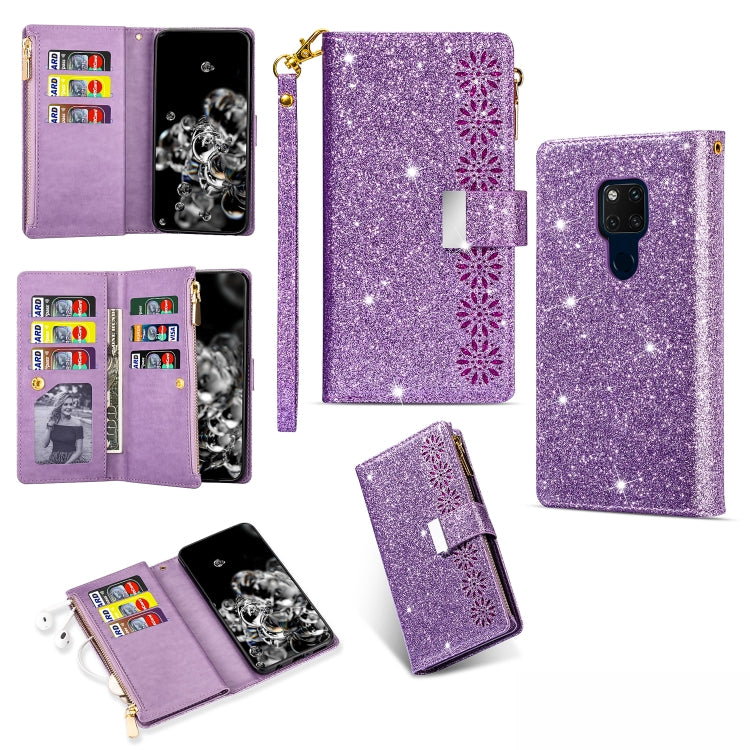 Glitter purple leather flip wallet phone case with zipper, card slots, and lanyard strap