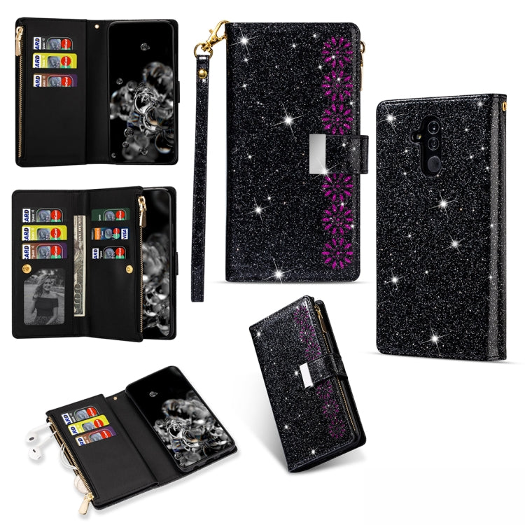 Glitter black leather flip wallet phone case with zipper, card slots, and lanyard strap