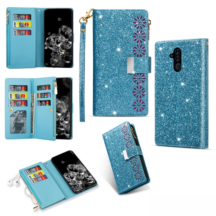 Glitter sky-blue leather flip wallet phone case with zipper, card slots, and lanyard strap