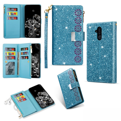 Glitter sky-blue leather flip wallet phone case with zipper, card slots, and lanyard strap