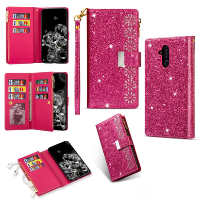 Glitter rose-red leather flip wallet phone case with zipper, card slots, and lanyard strap