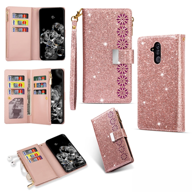 Glitter rose-gold leather flip wallet phone case with zipper, card slots, and lanyard strap
