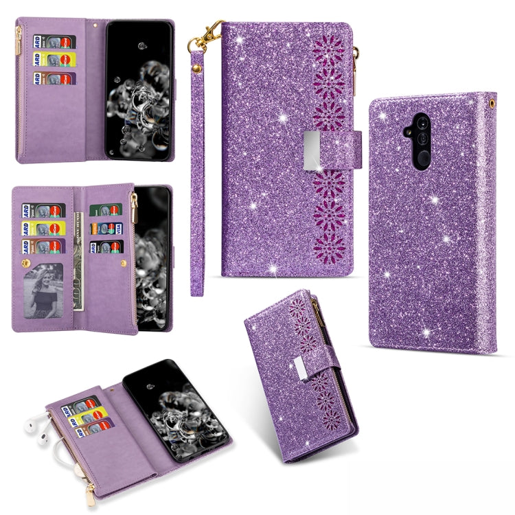 Glitter purple leather flip wallet phone case with zipper, card slots, and lanyard strap