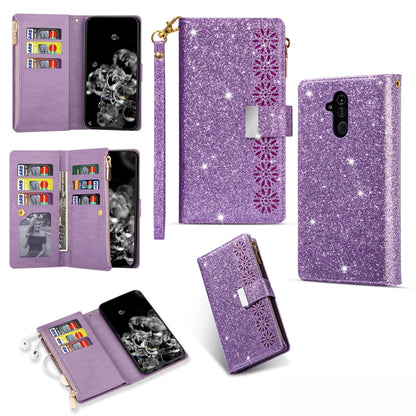Glitter purple leather flip wallet phone case with zipper, card slots, and lanyard strap