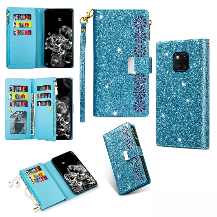 Sky blue glitter flip phone wallet case with zipper, card slots, lanyard holder