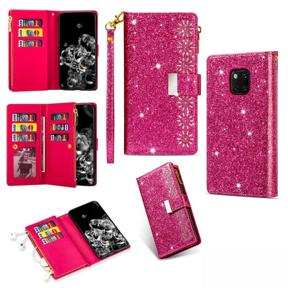 Rose red glitter flip phone wallet case with zipper, card slots, lanyard holder