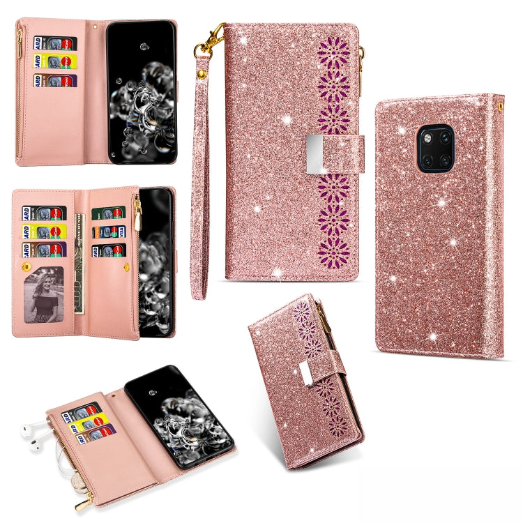 Rose gold glitter flip phone wallet case with zipper, card slots, lanyard holder