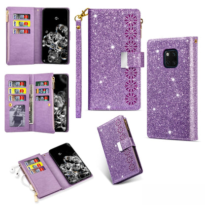 Purple glitter flip phone wallet case with zipper, card slots, lanyard holder
