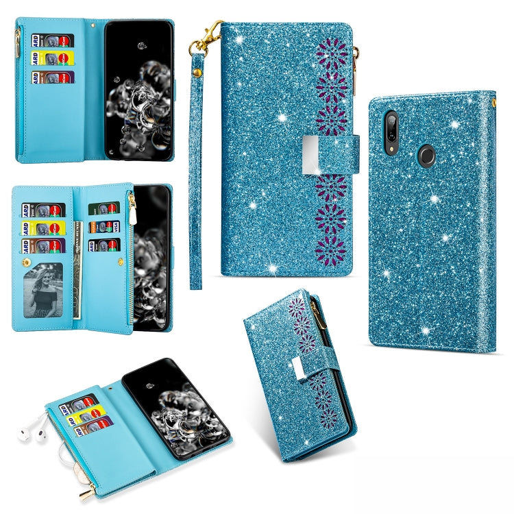 Sky blue glitter wallet case with zipper, open card slots, lanyard holder