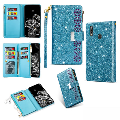 Sky blue glitter wallet case with zipper, open card slots, lanyard holder