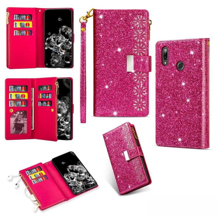 Rose red glitter wallet case with zipper, open card slots, lanyard holder