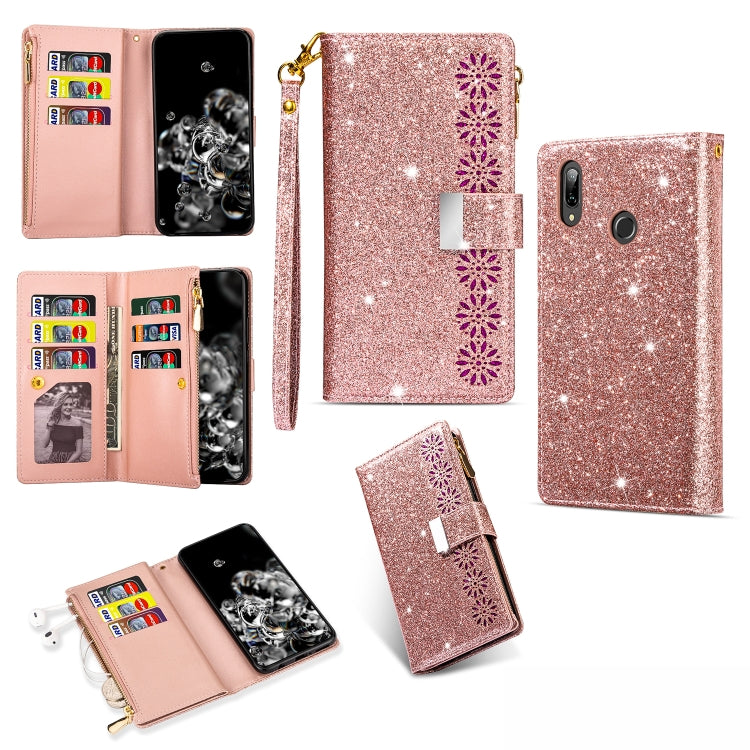 Rose gold glitter wallet case with zipper, open card slots, lanyard holder