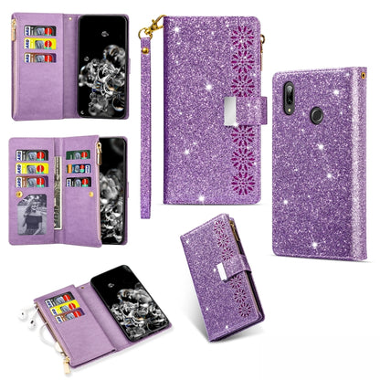 Purple glitter wallet case with zipper, open card slots, lanyard holder