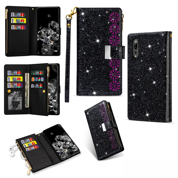 Black glitter flip wallet phone case with zipper, card slots, and lanyard holder