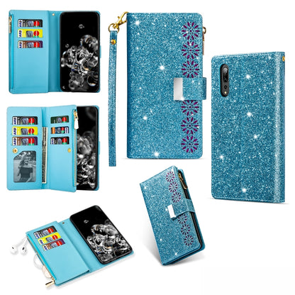 Sky blue glitter flip wallet phone case with zipper, card slots, and lanyard holder