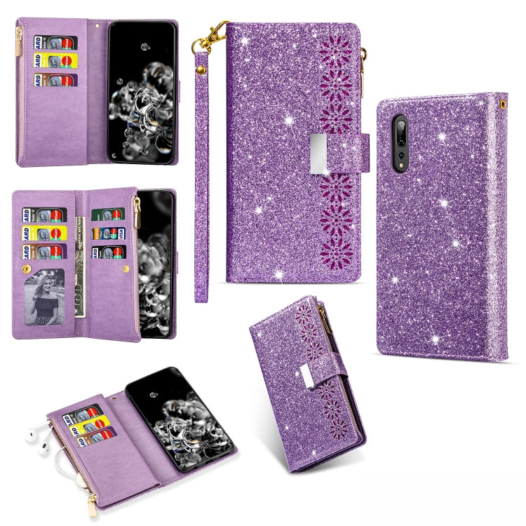 Purple glitter flip wallet phone case with zipper, card slots, and lanyard holder