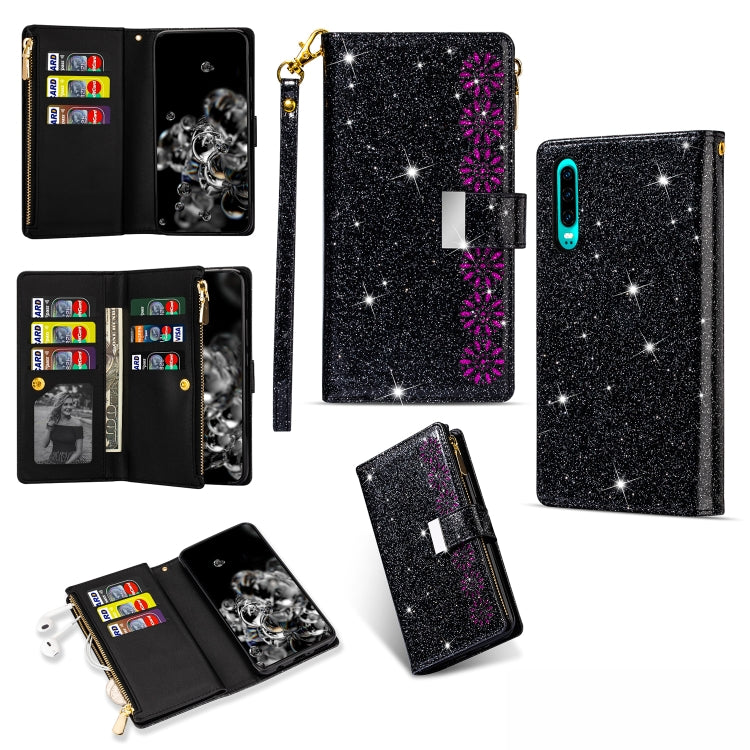 Black glitter flip wallet phone case with zipper, card slots, and lanyard holder; teal cutout