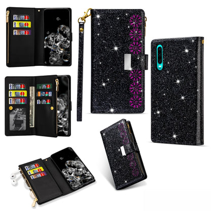 Black glitter flip wallet phone case with zipper, card slots, and lanyard holder; teal cutout
