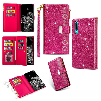 Rose red glitter flip wallet phone case with zipper, card slots, lanyard holder, floral accents