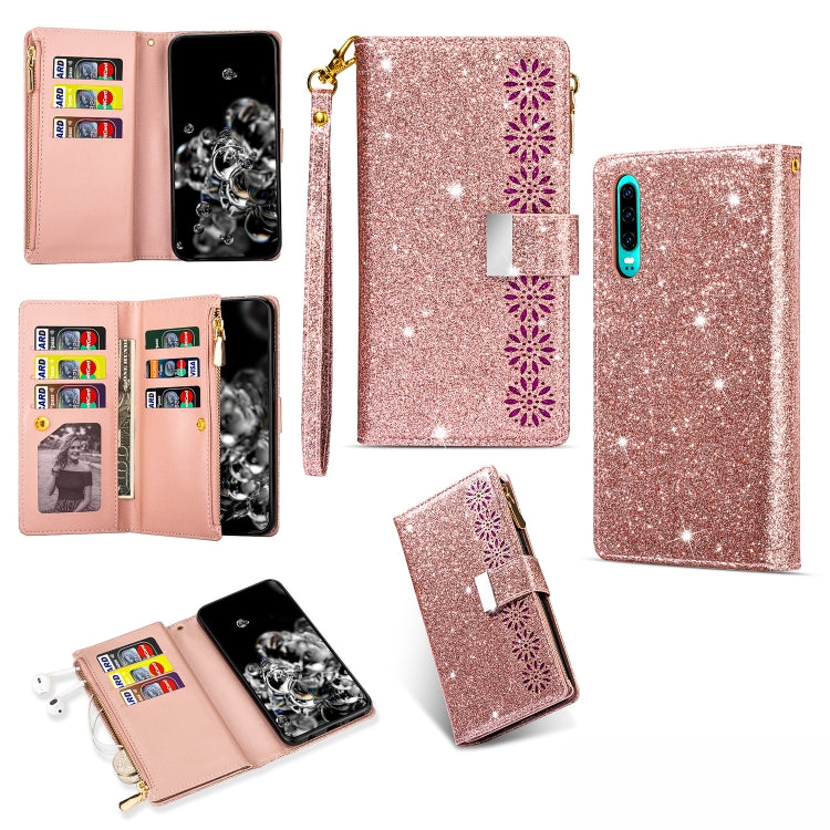 Rose gold glitter flip wallet phone case with zipper, card slots, lanyard holder, floral accents