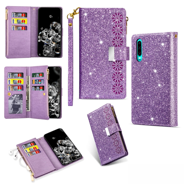 Purple glitter flip wallet phone case with zipper, card slots, lanyard holder, floral accents