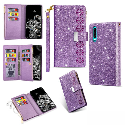 Purple glitter flip wallet phone case with zipper, card slots, lanyard holder, floral accents