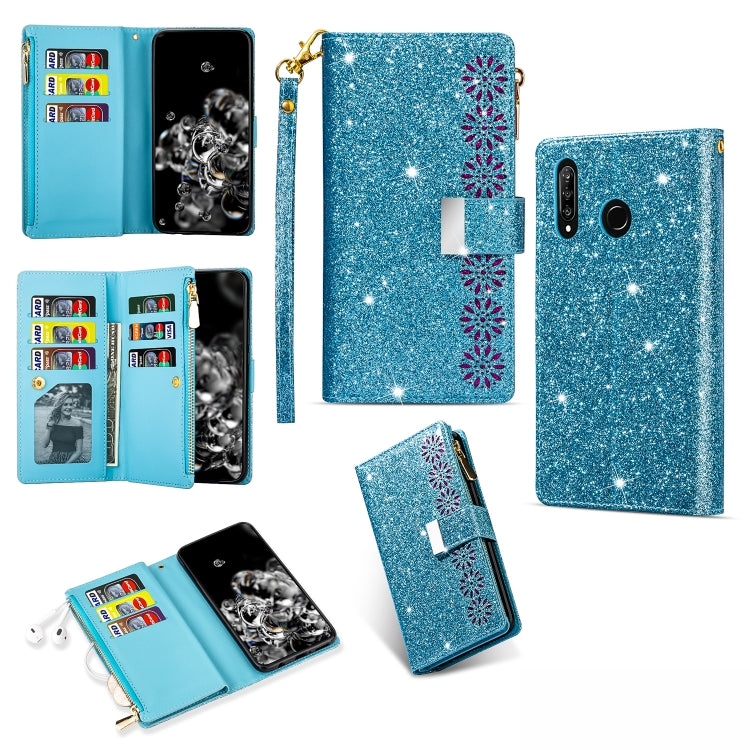 Sky blue glitter starry flip wallet phone case with card slots, zipper, and lanyard
