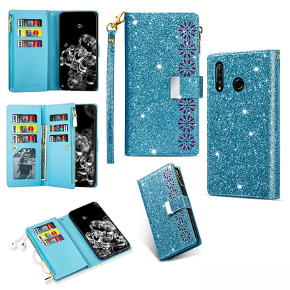 Sky blue glitter starry flip wallet phone case with card slots, zipper, and lanyard