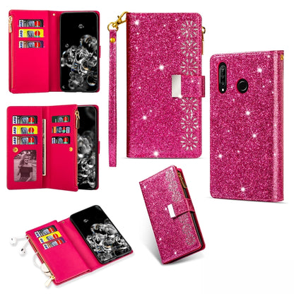 Rose red glitter starry flip wallet phone case with card slots, zipper, and lanyard