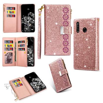 Rose gold glitter starry flip wallet phone case with card slots, zipper, and lanyard