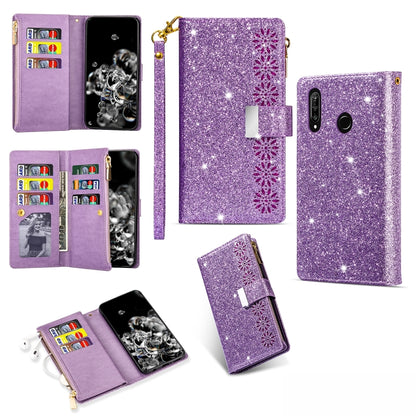 Purple glitter starry flip wallet phone case with card slots, zipper, and lanyard