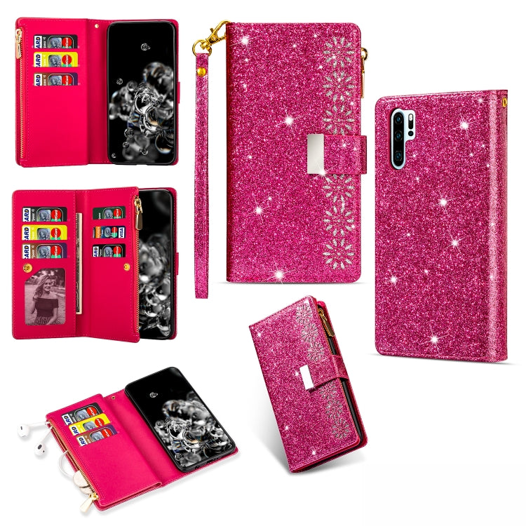 Rose red glitter starry wallet phone case with flip cover, zipper, and card slots