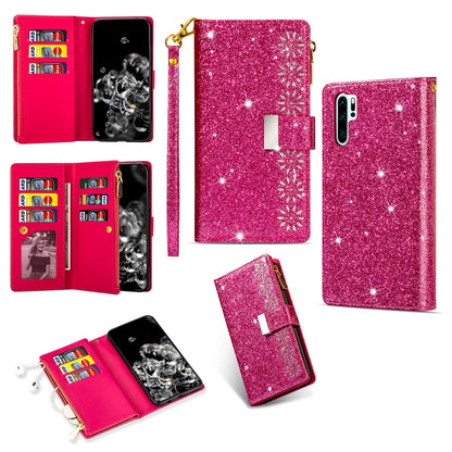 Rose red glitter starry wallet phone case with flip cover, zipper, and card slots