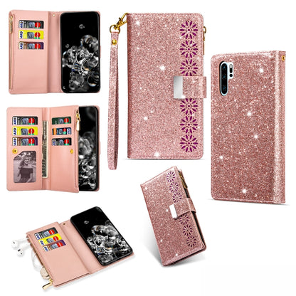 Rose gold glitter starry wallet phone case with flip cover, zipper, and card slots