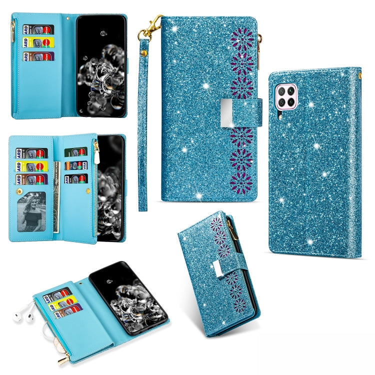 Glitter starry phone wallet case with zipper, card slots, and lanyard, sky blue