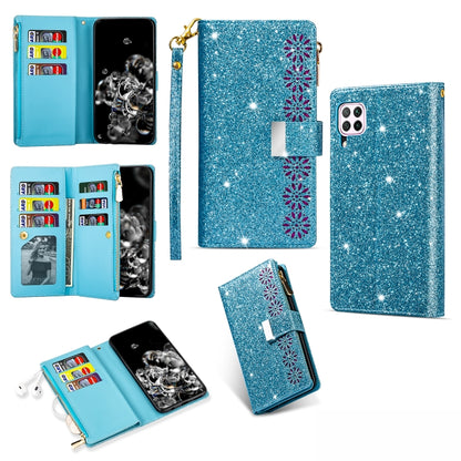 Glitter starry phone wallet case with zipper, card slots, and lanyard, sky blue