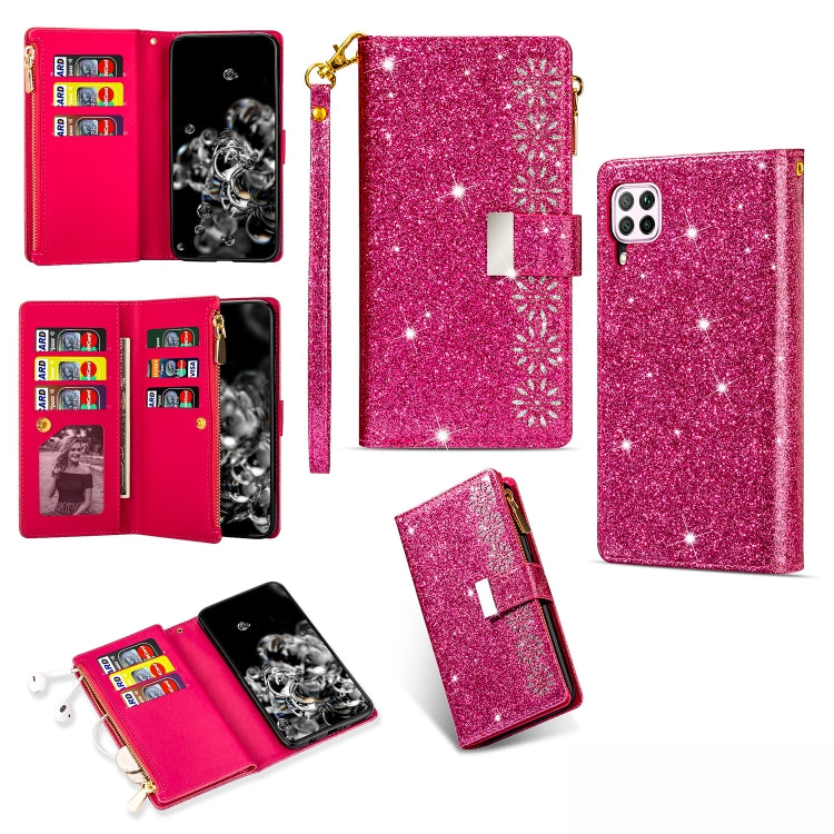 Glitter starry phone wallet case with zipper, card slots, and lanyard, rose red